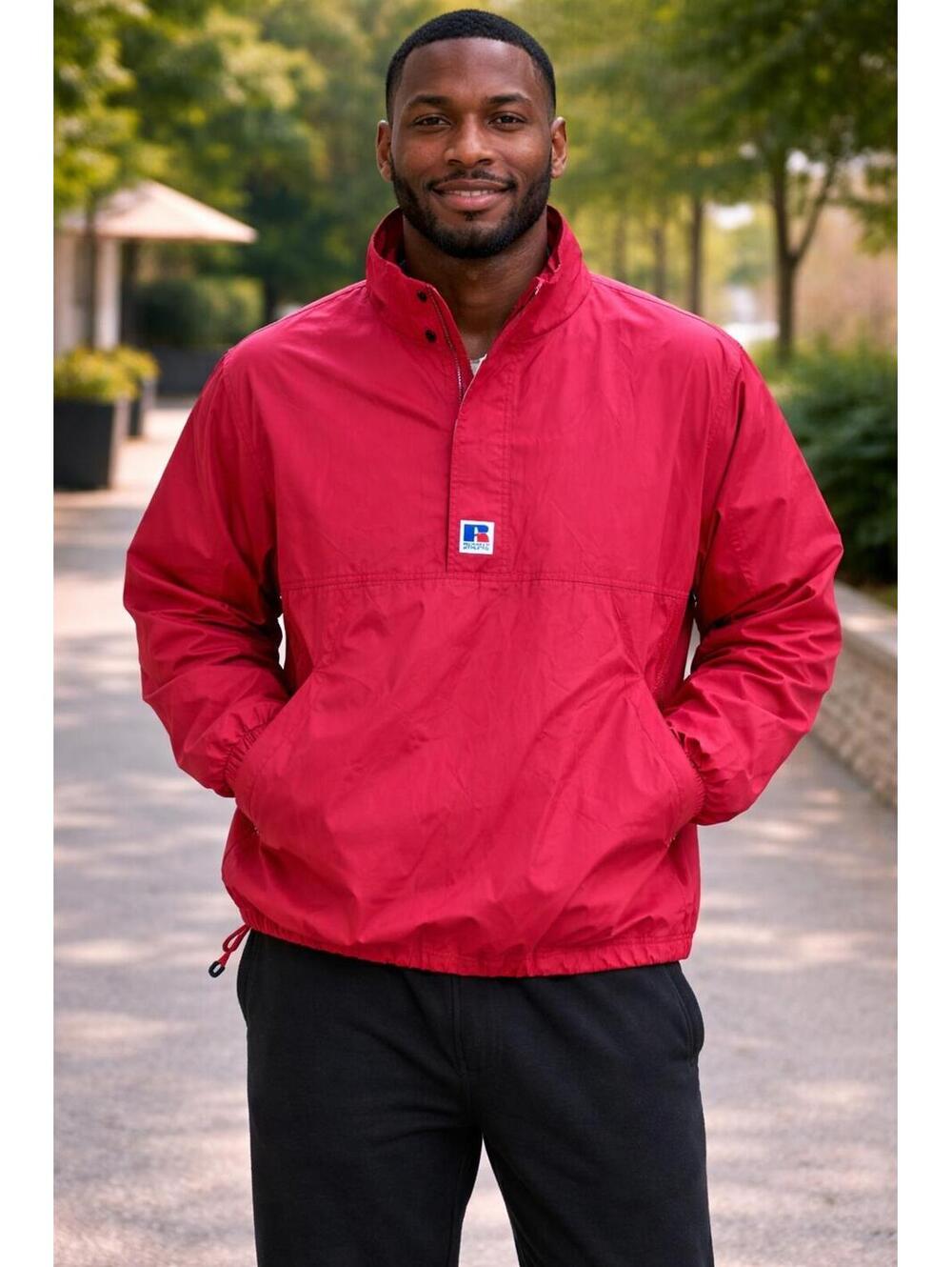 Vtg Russell Athletic Logo Jacket Mens XL Red 1/2 Zip Hooded Pullover Windbreaker